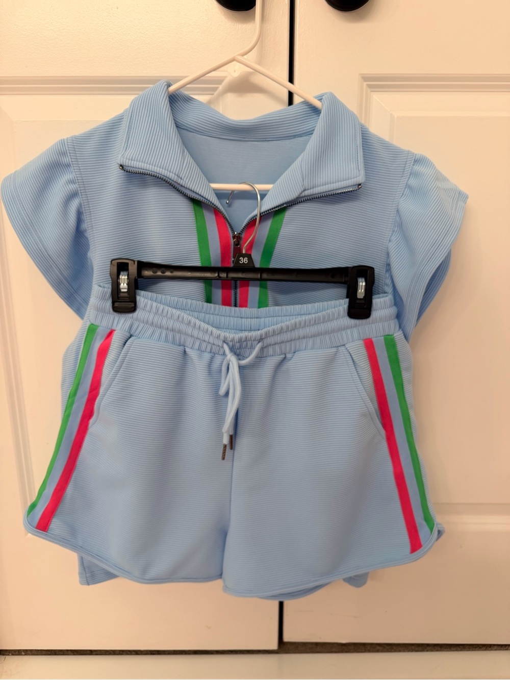 Light Blue Short Set with Pink & Green Stripes